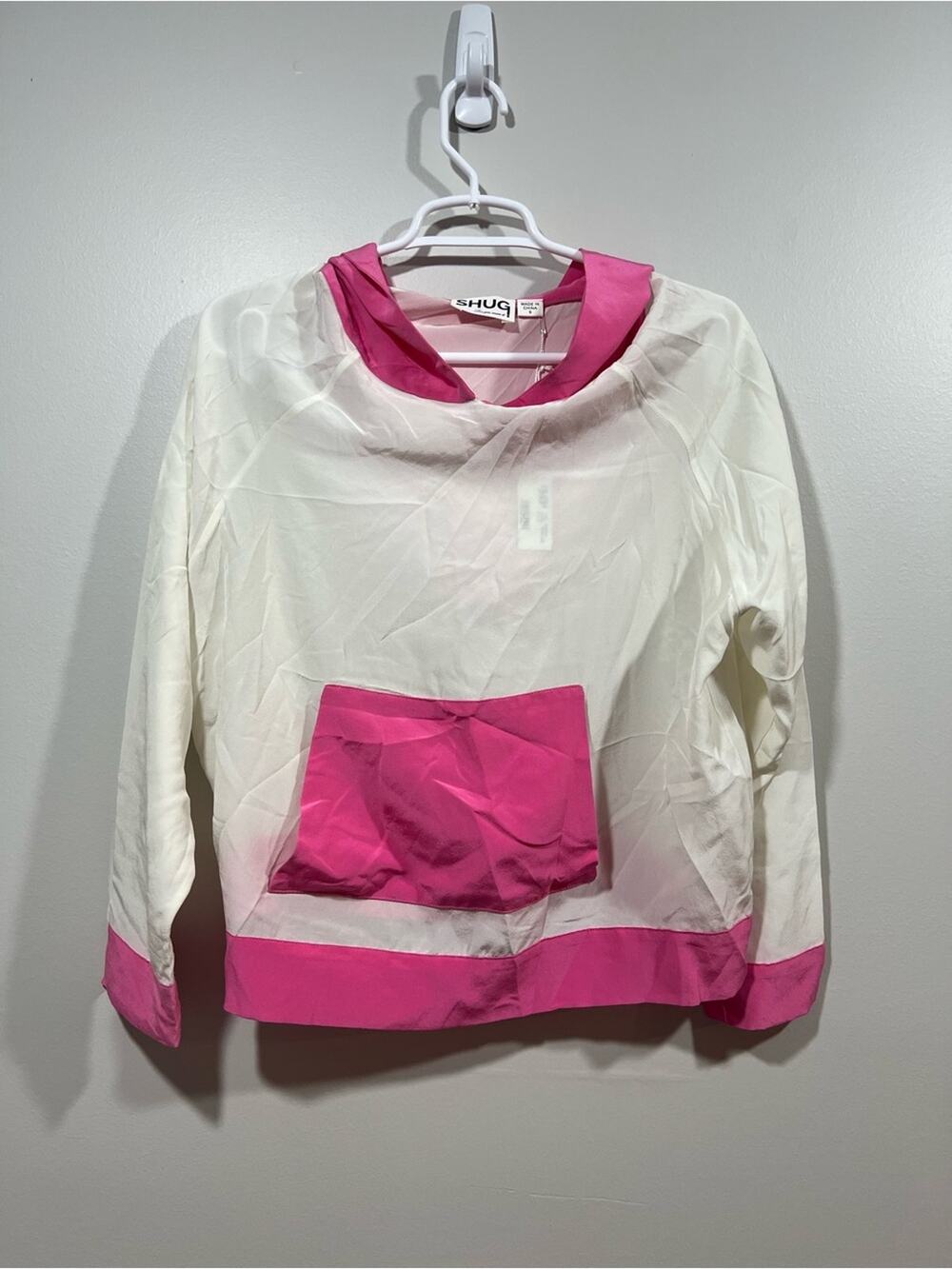 SHUG White & Hot Pink Pullover Hoodie Silk Top Size Small